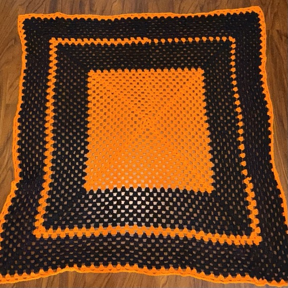 Handmade Crocheted Afghan Orange Black Throw Blanket 56" x 56" Fall Halloween - Picture 1 of 4
